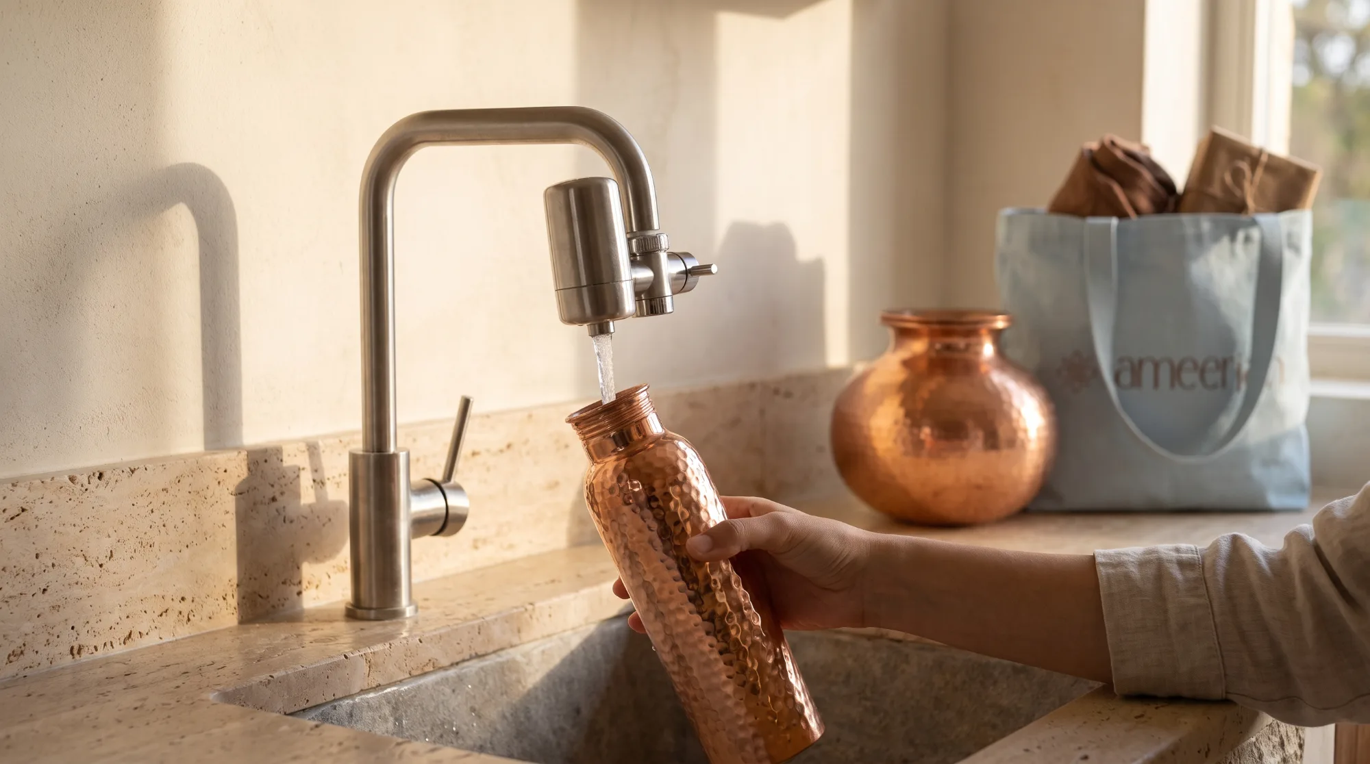Filling a hammered copper bottle from a faucet-mounted filter, copper matka and AMEERIAH tote behind
