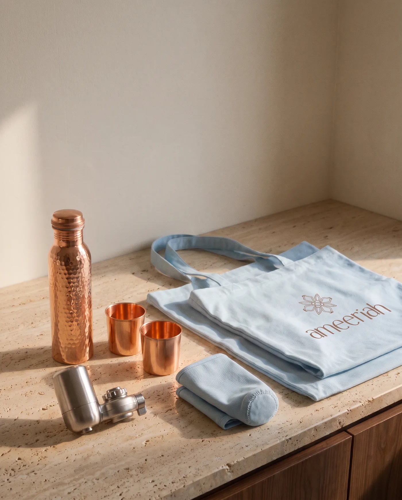 Raj Nirmal: copper bottle, two copper glasses, faucet filter and totes