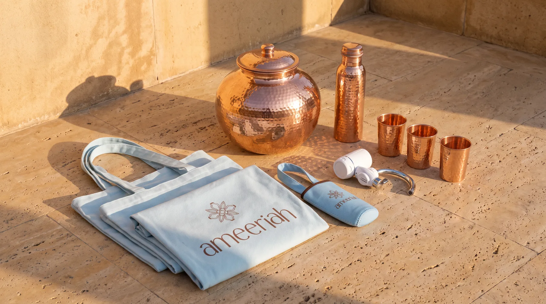 Raj Sampoorna: copper matka, bottle, three copper glasses, faucet filter and totes